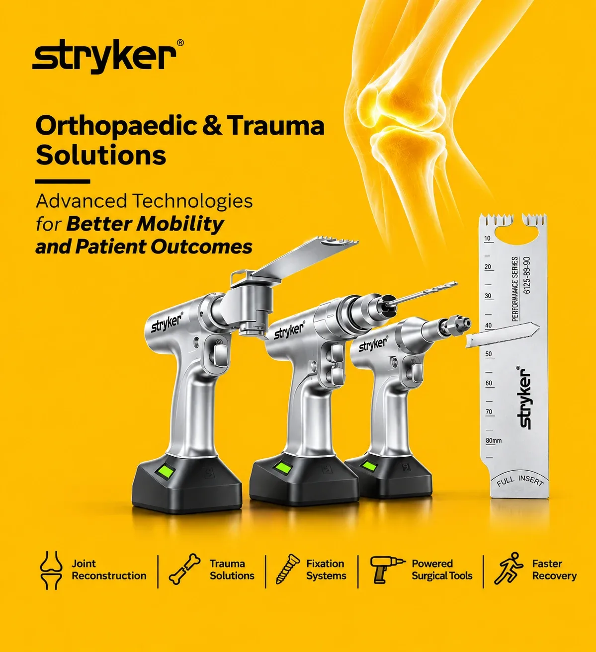 Stryker advertisement: orthopaedic and trauma solutions — advanced technologies for better mobility and patient outcomes, including joint reconstruction, trauma, fixation systems and powered surgical tools.